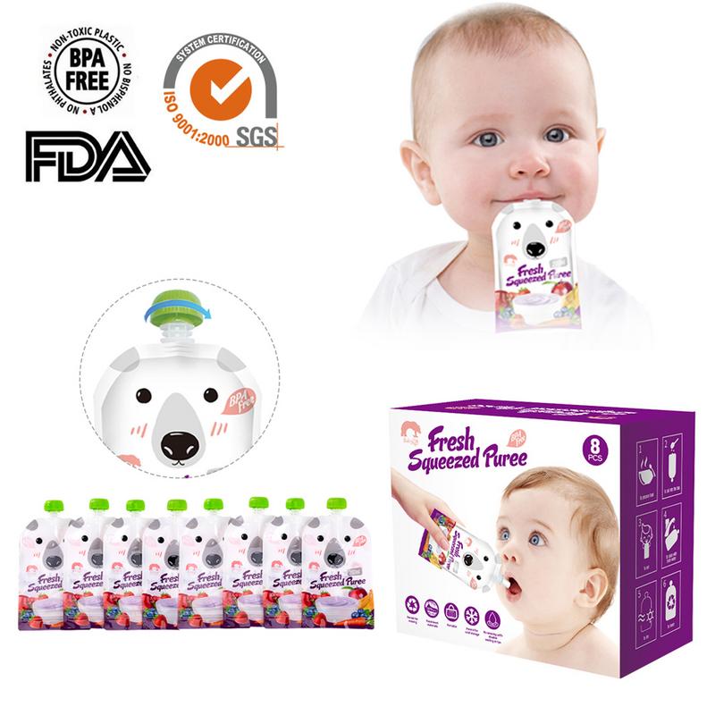 8pcs/set Cartoon Reusable Sealed Baby Food Pouch Storage Bag 200ml Breast Milk Bag Double Zipper Feeding Bags BPA-Free